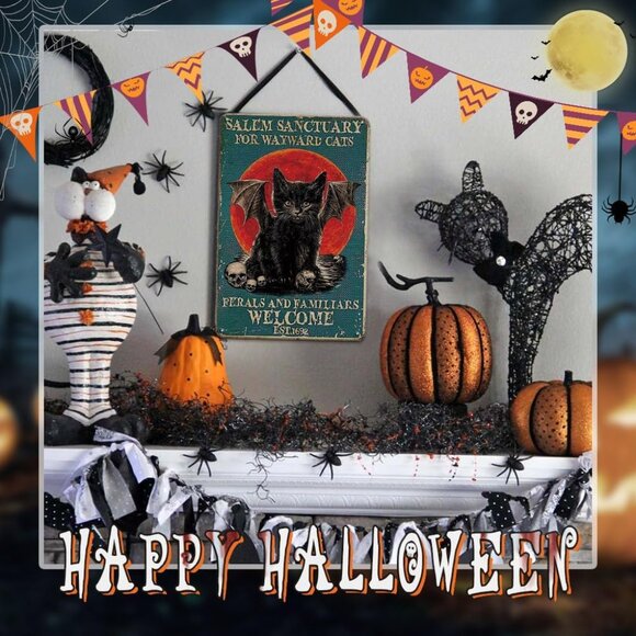 NWT SALEM Sanctuary for Wayward Cats 8x12 Tin Halloween Decor Sign - Picture 4 of 5